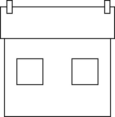Basit bir çatısı ve iki kare penceresi olan, boyama kitapları veya temel mimari tasarımlar için mükemmel minimalist siyah beyaz bir ev tasviri..