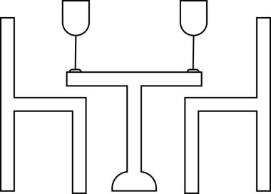 İki kişilik yemek masasının minimalist bir çizimi, sandalyeler ve şarap kadehleri, romantik ya da restoran temaları için mükemmel..