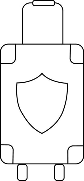 A simple black and white illustration of a suitcase with a shield emblem, suitable for travel, security, or protection themes.