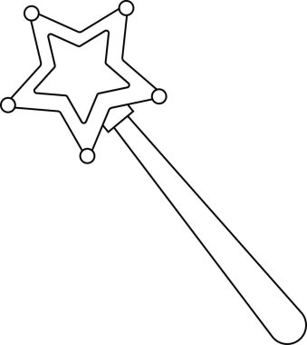 Dairesel aksanlarla süslenmiş bir yıldız şeklindeki sihirli değneğin basit bir siyah beyaz çizimi boyama kitapları ya da büyülü temalar için mükemmel..