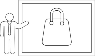 Bir iş adamı beyaz tahtada bir el çantası tasarımı sunar, bir toplantıda özelliklerini ve tarzını gösterir..