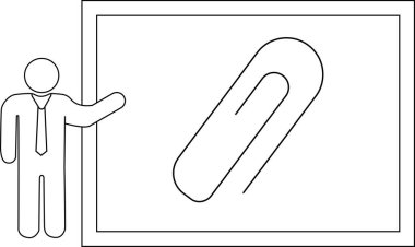 Takım elbiseli bir kişi beyaz tahta üzerinde büyük bir ataç sunar, muhtemelen onun özelliklerini tartışır ya da kullanır..