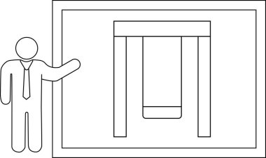 Bir iş adamı, profesyonel bir ortamda oyun alanı ekipmanlarının yapısını ve basitliğini gösteren bir salıncak dizaynı sunar..