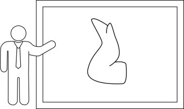 İş kıyafeti giymiş bir kişi beyaz tahtada soyut bir şekil sunar, muhtemelen bir kavram ya da fikri açıklar..