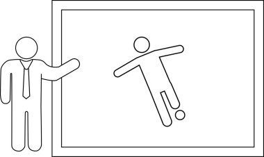 Sunucu, spor kavramlarını veya antrenman oturumlarını resmetmek için ideal bir futbol oyuncusunun ana hatlarını gösteren beyaz tahtaya doğru hareket eder.