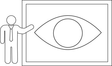 Kravat takmış bir çöp adam geniş bir göz diyagramı sunar, basit ve açıklayıcı bir şekilde görme, odaklanma ve içgörü simgeler..