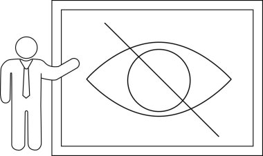 Üzerinde göz işareti olan bir slayt sunan bir kişi sansür, gizlilik kaygıları veya bir şeyi görme ve anlama yetersizliğini temsil eder..