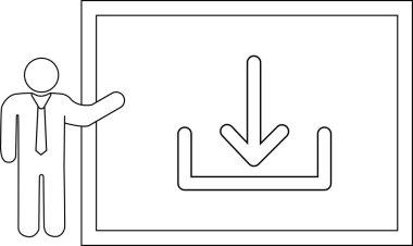 Veri indirme konseptini beyaz tahtada sunan bir kişi, süreci bir konteynıra doğru bakan bir okla açıklıyor.