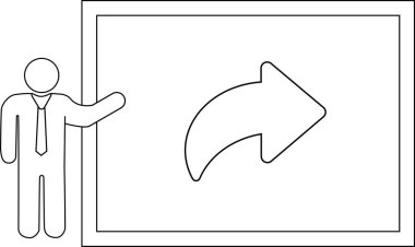 Mesleki bir ortamda iş iletişimini, işbirliği ve bilgi paylaşımını sembolize eden, beyaz tahtada paylaşım okunu sunan bir kişi.