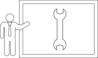 İngiliz anahtarını beyaz tahtada sunan bir kişi, teknik desteği, tamir hizmetlerini veya mühendislik çözümlerini sembolize ediyor. Basit çizgi çizimi.