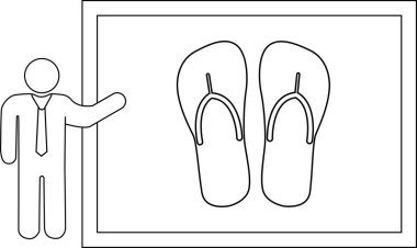 Kravat takmış bir çöp adam, yaz ya da tatil temaları için mükemmel olan iki parmak arası terliğin beyaz tahta çizimini sunar..