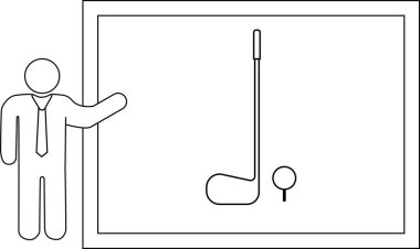 Takım elbiseli bir adam golf sopası ve topu beyaz tahtada sunar. Muhtemelen golf tekniklerini ve kurallarını açıklar..