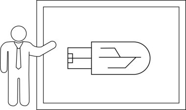 Takım elbiseli bir adam, bir USB belleğin tasarımı ve işlevselliğini vurgulayan bir diyagramını sunar..