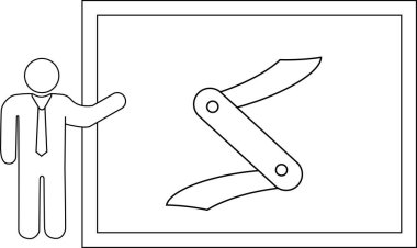 Bir iş adamı beyaz tahta üzerinde katlanan bir bıçak tasarımı sunar, profesyonel bir ortamda özelliklerini ve işlevselliğini gösterir..