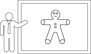 Takım elbiseli bir kişi, muhtemelen tatil ya da eğitim amaçlı bir etkinlik için beyaz tahtaya zencefilli ekmek resmi çizer..