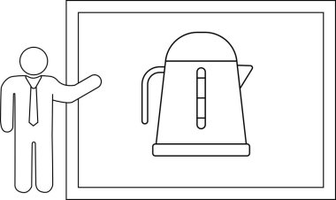 Bir çizgi çizimi, ürün tanıtımları veya eğitim materyalleri için ideal, ekranda çaydanlık sunan takım elbiseli bir kişiyi gösteriyor..