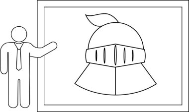 Çubuk bir figür beyaz tahtada bir şövalye miğferi tasarımı sunar, tarihi zırh sergilenir..