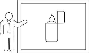 Takım elbiseli bir kişi beyaz tahtada alevli bir çakmak sunar, basit bir çizgi sanatı..