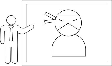 Bir iş adamı ekranda ninja bir karakter sunuyor, benzersiz bir konsept sergiliyor..