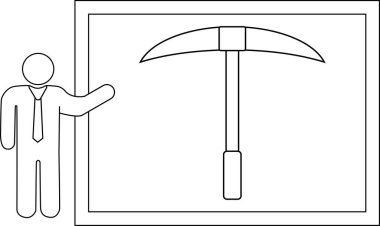Çubuk figürlü bir işadamı, bir iş bağlamında madenciliği, inşaatı veya sıkı çalışmayı sembolize eden bir kazmayı beyaz tahtada sunar..