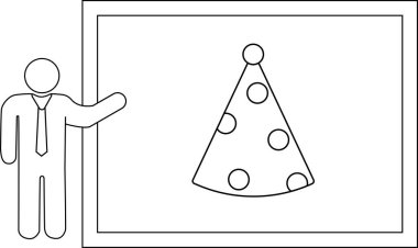 Beyaz tahtada benekli bir parti şapkası sunan biri. Basit bir çizgi çiziyor..