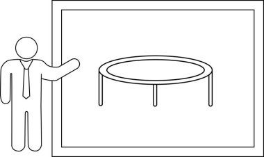 Sunum ayarında yuvarlak bir tablo sunan bir kişi, basit çizgi çizimi.