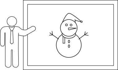Eğitim veya tatil temalı içerik için uygun bir kardan adam çizimiyle beyaz tahtaya doğru hareket eden bir sunucunun basit bir çizimi.