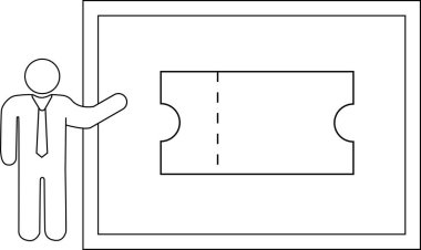 Bir kişi beyaz tahtada gözyaşı izi olan bir bilet sunar. Görüntü siyah beyaz bir çizim..