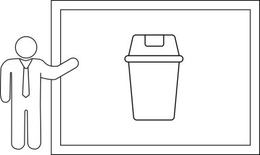 Atık yönetimi, geri dönüşüm ve çevre bilincini sembolize eden, beyaz tahtada çöp kutusu sunan bir kişi. Eğitim veya iş bağlamları için ideal.