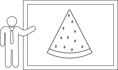 Takım elbiseli bir insan beyaz tahtada bir dilim karpuz sunar. Meyve ferahlatıcı özelliklerini sergiler..