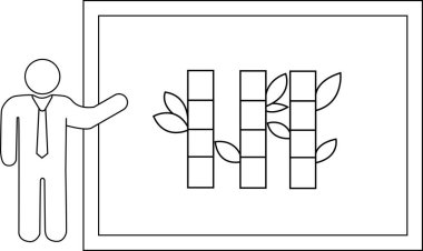 Takım elbiseli bir kişi beyaz tahtaya bambu bitkileri çiziyor. Çizimde yapraklı üç bambu sapı görülüyor..
