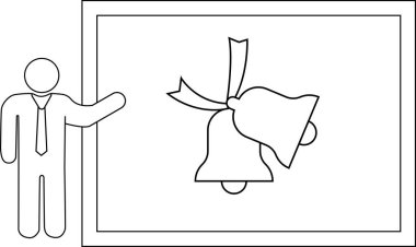 Eğitim veya festival temaları için uygun, kurdeleyle bağlanmış çanları beyaz tahtayla sunan bir çizginin sanat illüstrasyonu.