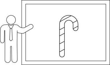 Çubuk bir figür beyaz tahtada şeker kamışı sunar. Tatil teması için mükemmeldir..