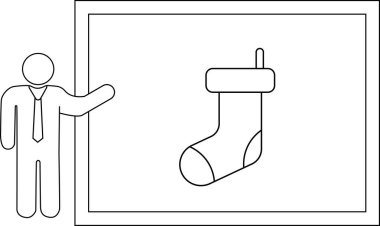 Takım elbiseli bir insan beyaz tahtada Noel çorabı sunar, basit bir çizgi çizer..