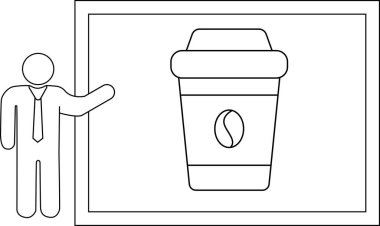 Kahve fincanını beyaz tahtada sunan biri, iş toplantıları, sunumlar ve kahve molalarının önemini gösteren bir kişi..