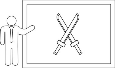 Karşılıklı kılıçlar sergileyen bir sunucu, çatışma, strateji ya da tarihsel savaşlar üzerine bir tartışma öneriyor..