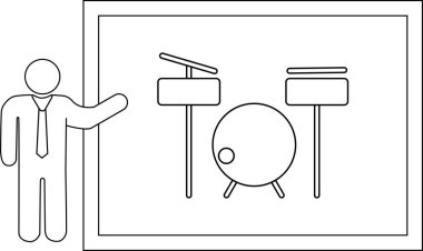 Kravatlı bir çöp adam beyaz tahtaya çizilmiş bir bateri setini sunar, basit bir çizgi sanatı..