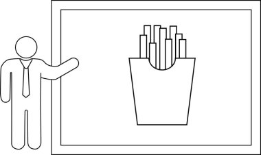 Çubuk bir figür, beyaz tahtaya patates kızartması çizimi sunar. Basit siyah beyaz çizgilerle çizilmiş..