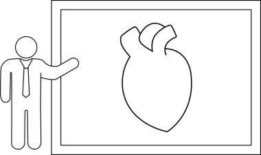 Çubuk figürü, insan kalbinin anatomik yapısını ve işlevini bir sunum ortamında vurgulayan bir diyagramını sunar..