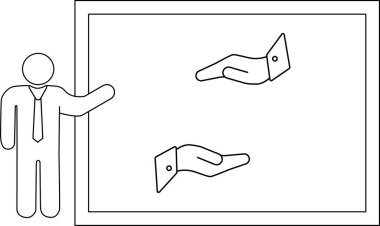 Takım elbiseli bir adam bir ekranda iki el sunar, bir iş ya da kişisel bağlamda desteği, rehberliği ya da yardımı simgeler..