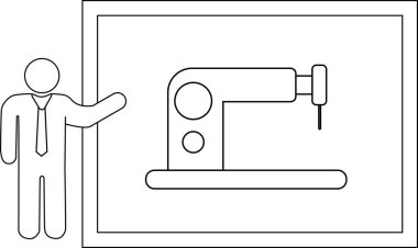 Çizgi çizimi sunucunun bir endüstriyel ekipman parçasına işaret ettiğini gösteriyor, muhtemelen bir sunum veya gösteri sırasında..