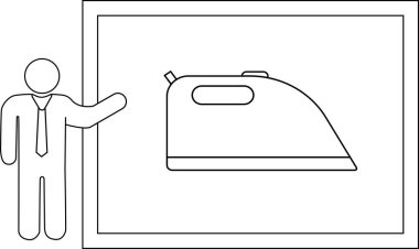 Bir çöp adam çerçeveli sunumda bir ütü aleti sunar, modern ev teknolojisi ve tasarımı sergilenir.
