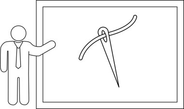 Bir kişi beyaz tahtada iğne iplik diyagramı sunuyor, basit bir çizgi çizimi..