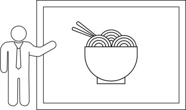 Çubuk bir figür, basit siyah beyaz çizgili çubuklu bir erişte kasesi çizer..