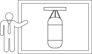Profesyonel bir iş adamı çerçevede bir kum torbası sunar. Stres atma ve antrenmanı sembolize eder..