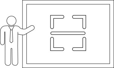 Bir iş adamı ekranda QR kod teknolojisini sunar, çeşitli endüstriler için potansiyel uygulamalarını ve faydalarını vurgular.
