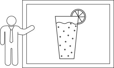 Beyaz tahtada limon dilimi ile bir bardak ferahlatıcı içecek sunan bir kişinin çizimi, sunumlar için mükemmel..