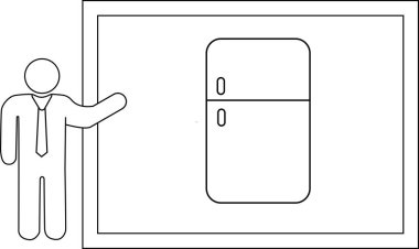 Bir iş adamı, bir buzdolabının özelliklerini beyaz tahtada sunar. Tasarımı ve işlevselliğini vurgular..