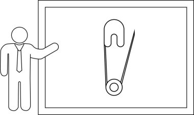 Takım elbiseli bir adam, işlevselliğini ve güvenlik özelliklerini vurgulayan bir çengelli iğne tasarımı sunar..