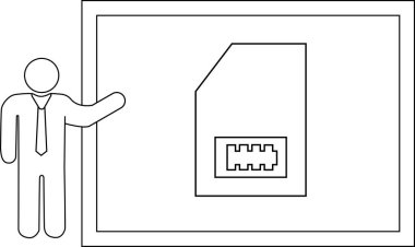 Çizgi sanatı, teknoloji ve iletişim kavramlarıyla betimlenmiş bir SIM kartı ekranda sunan bir kişi.